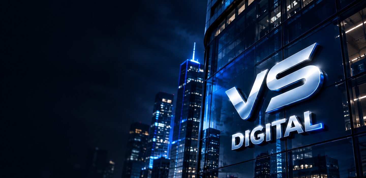 Fachada de prédio à noite com o logo VS Digital iluminado em azul